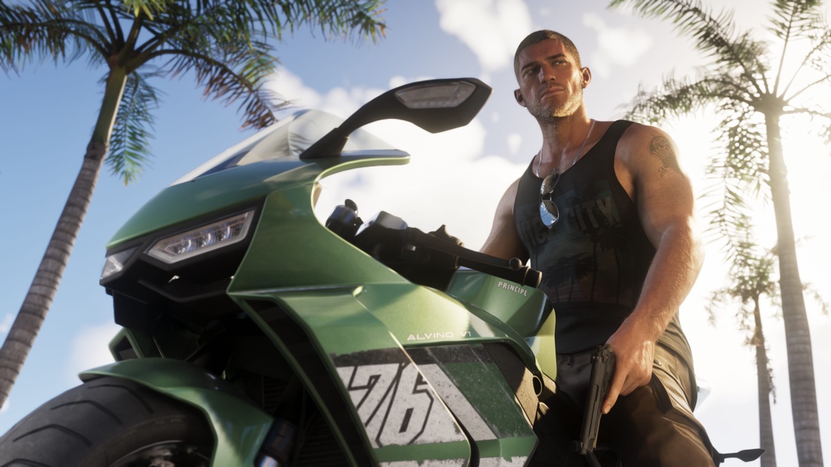 Jason Duval beside a motorcycle in the Leonida Keys — GTA 6